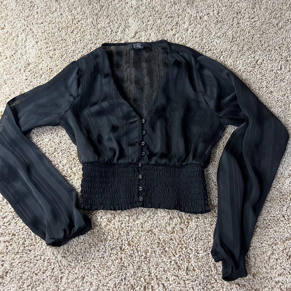 Forever 21 Black Smocked Puff Sleeve Blouse